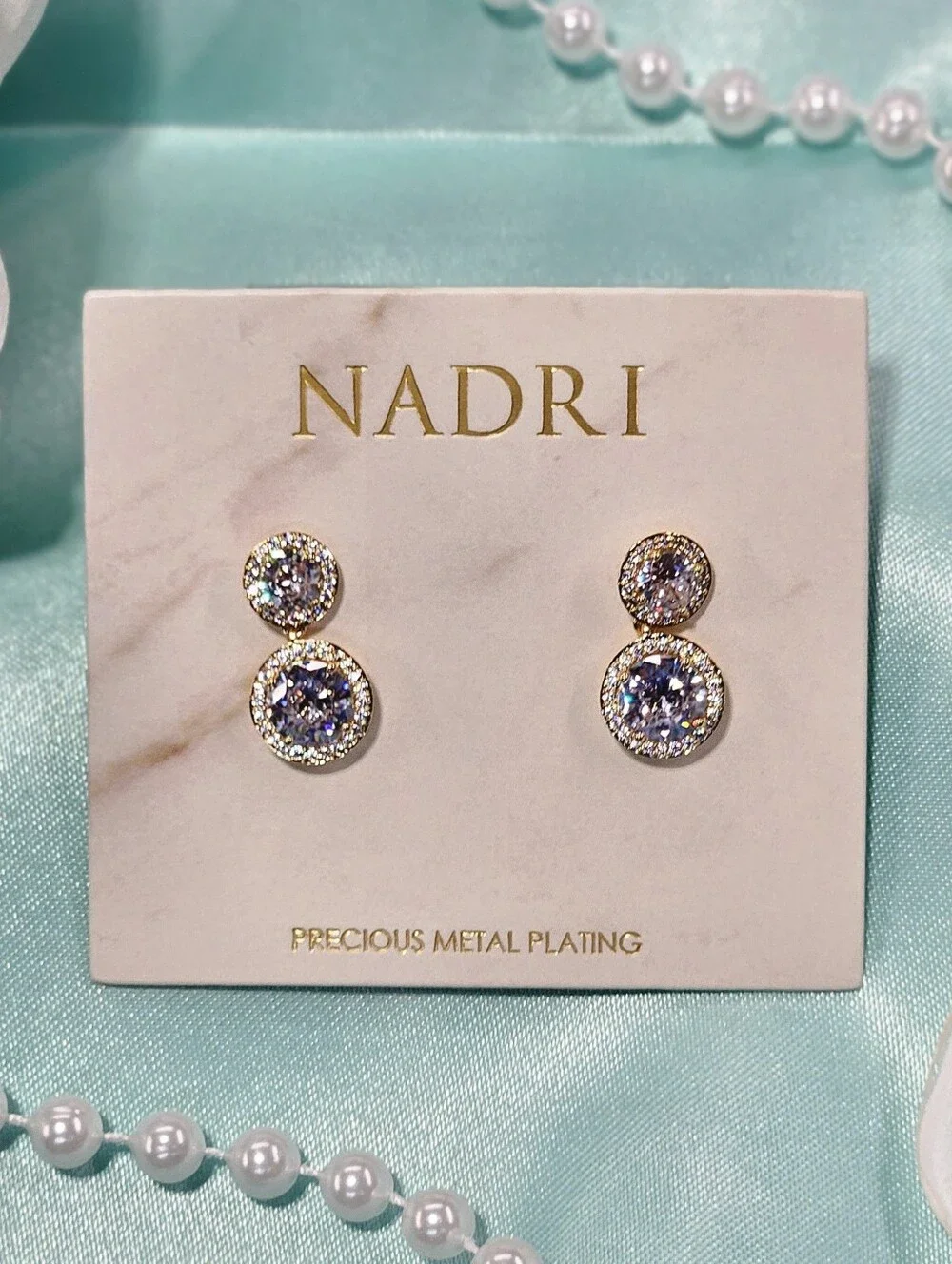 Nadri Halo Cubic Zirconia Drop Earrings Gold Precious Metal Plated Bridal Gift